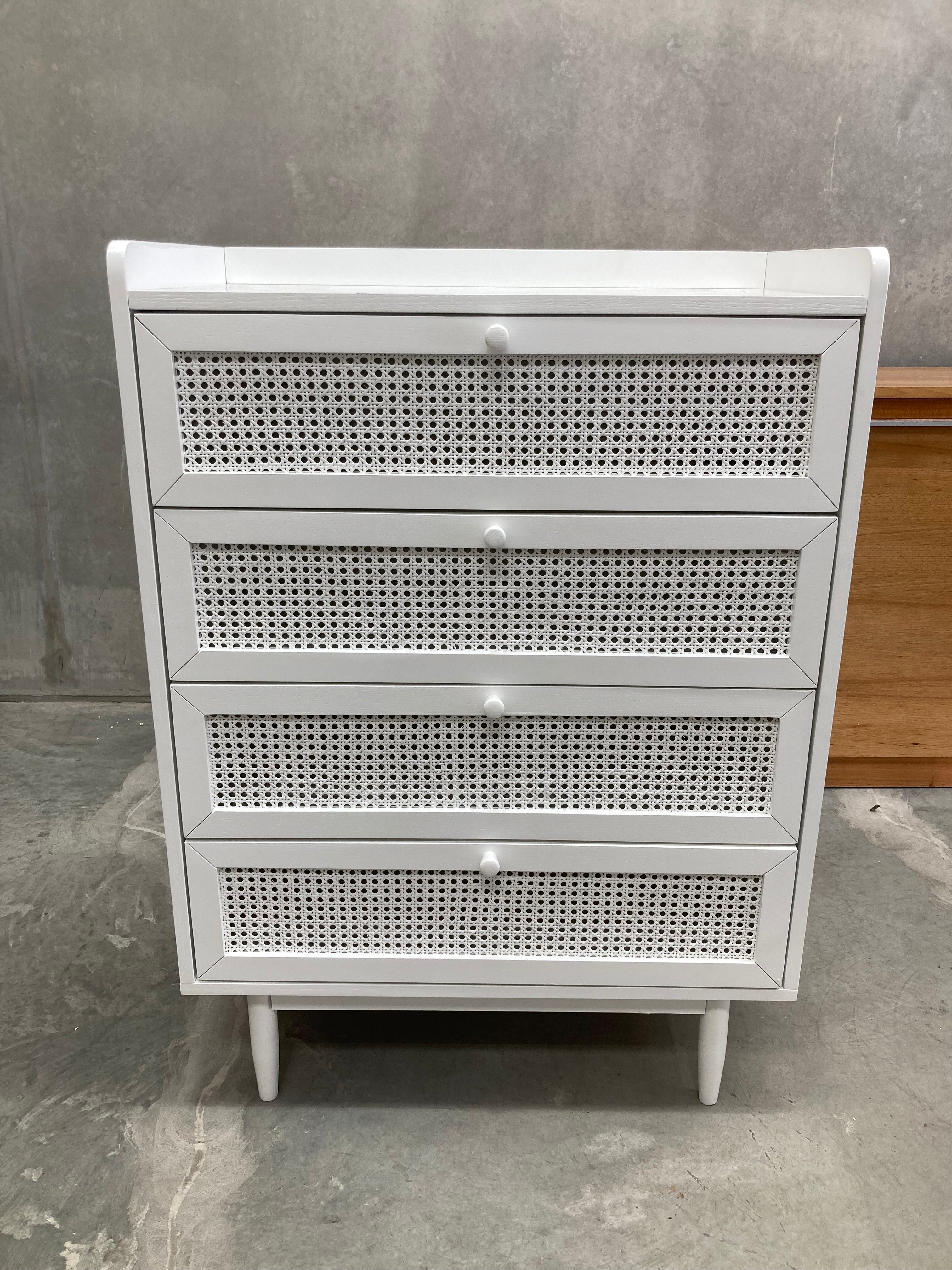 ASSA White Rattan Drawer Finish 4 Drawer Tallboy