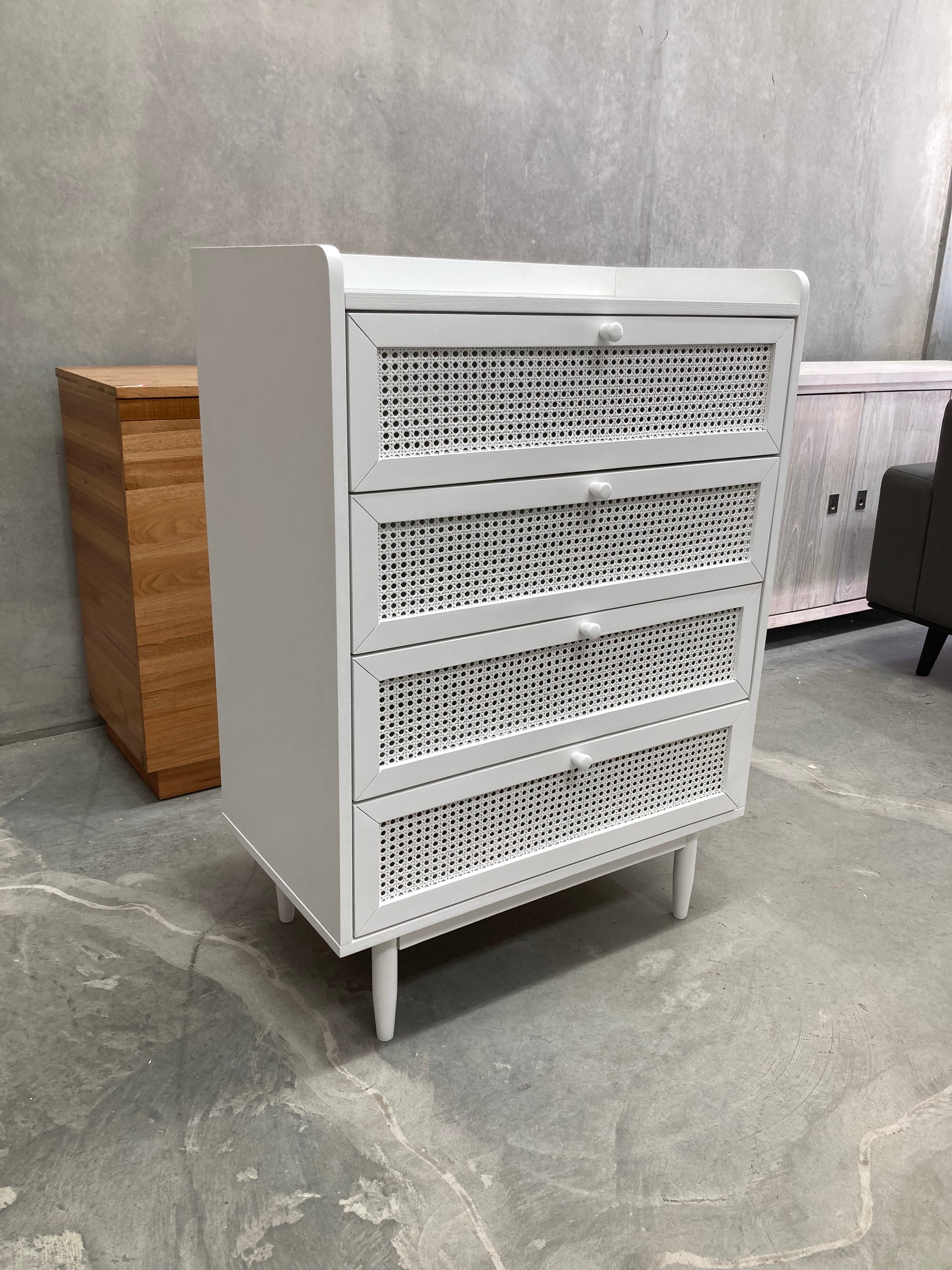 ASSA White Rattan Drawer Finish 4 Drawer Tallboy