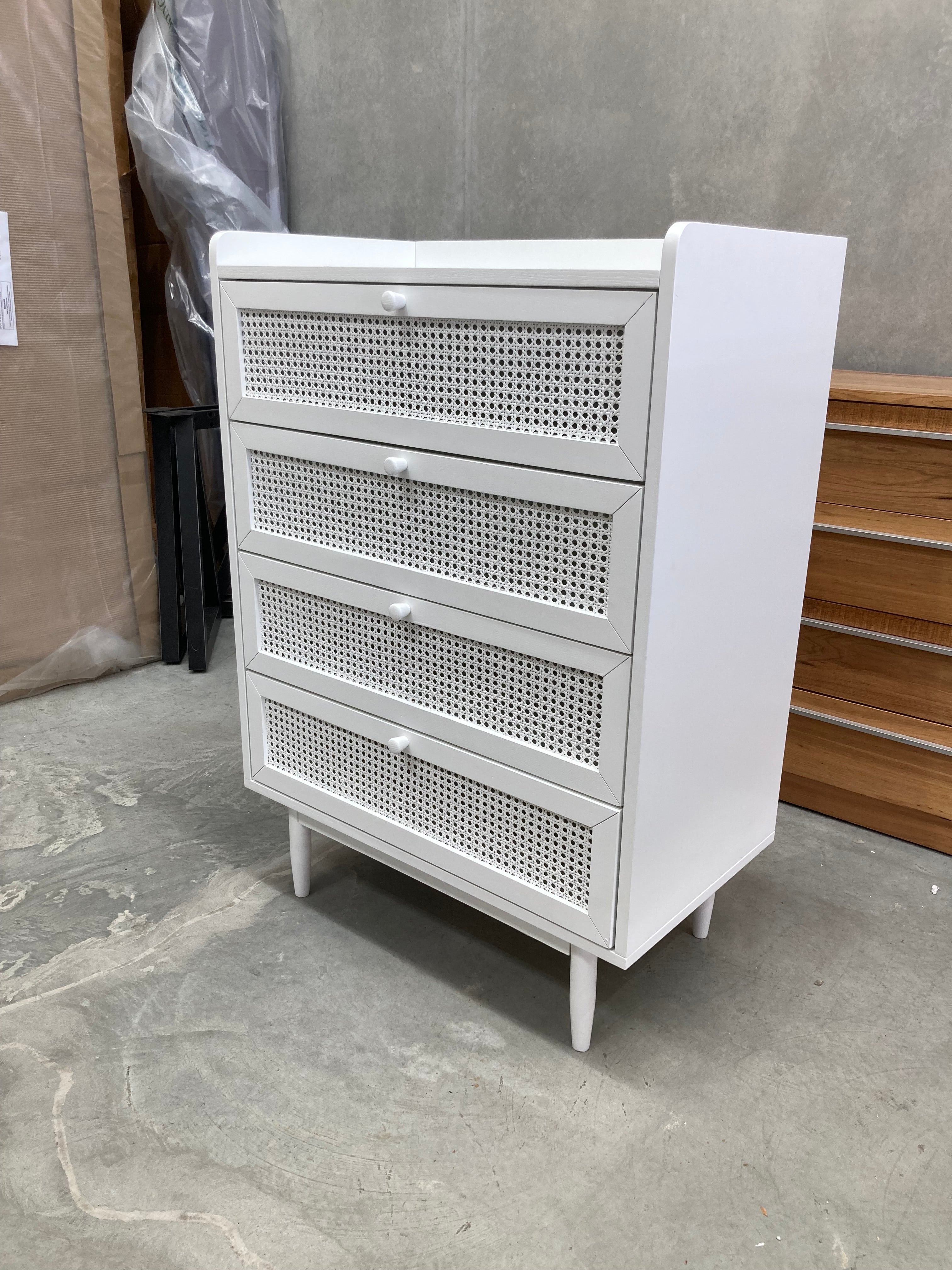 ASSA White Rattan Drawer Finish 4 Drawer Tallboy