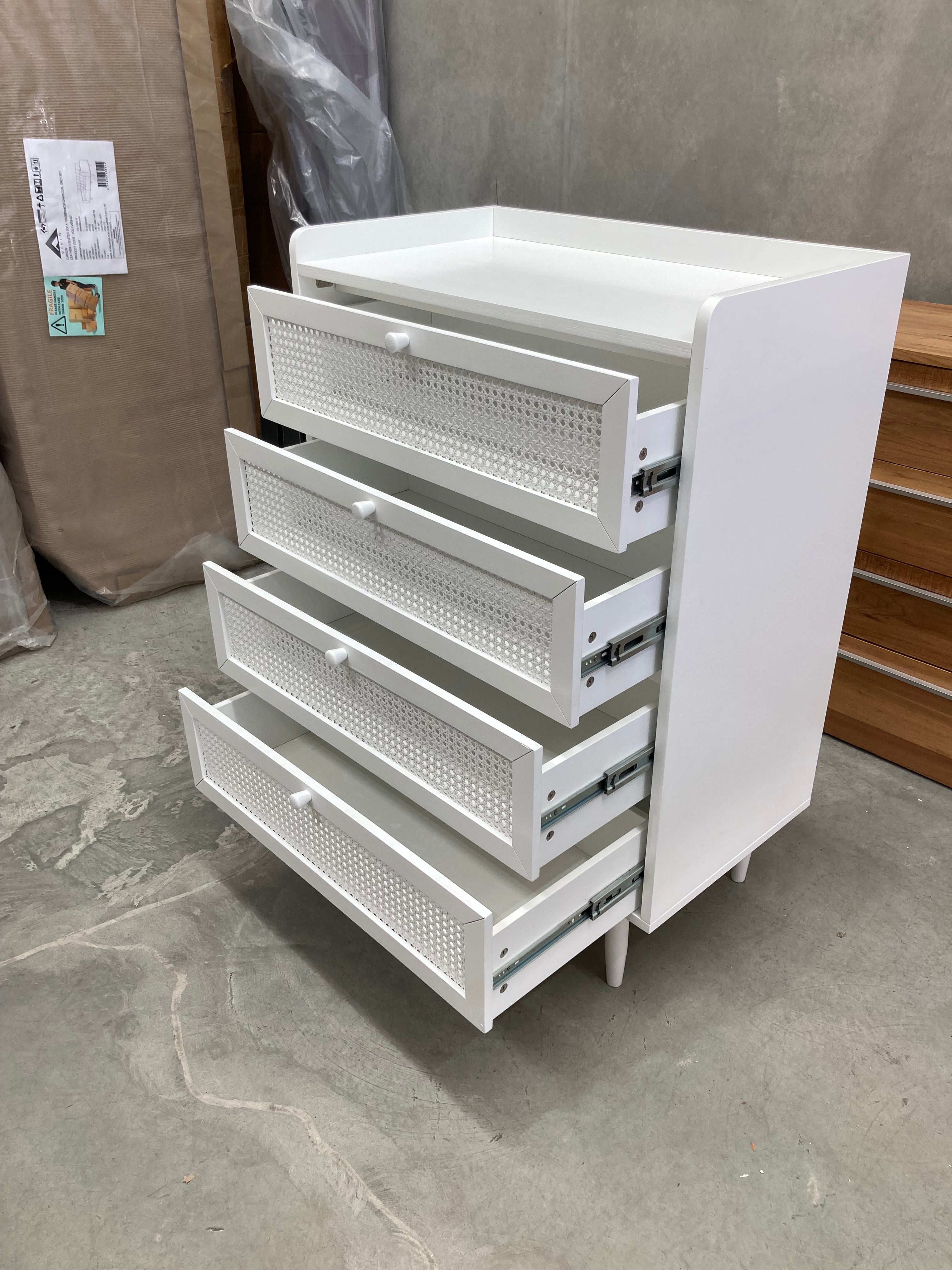 ASSA White Rattan Drawer Finish 4 Drawer Tallboy